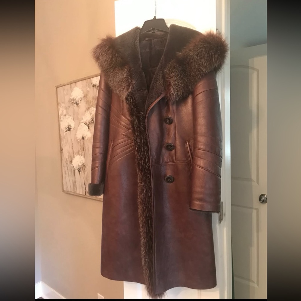 Women’s Brown-Burgundy Real Fox Fur-Trimmed Shearling Leather Coat